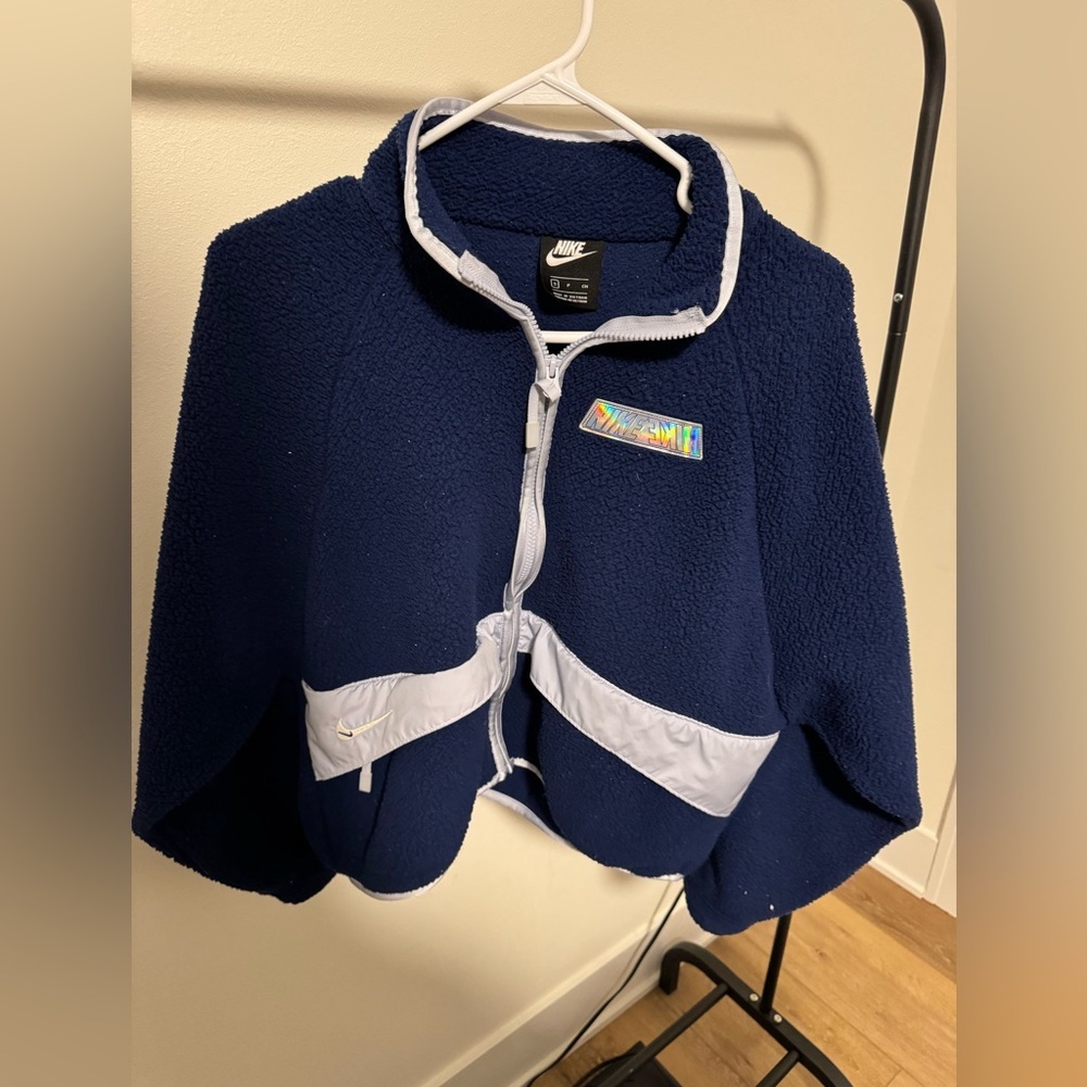 Nike Fleece Jacket Swoosh Sherpa Midnight Navy Oversized Hologram Logo Women’s S